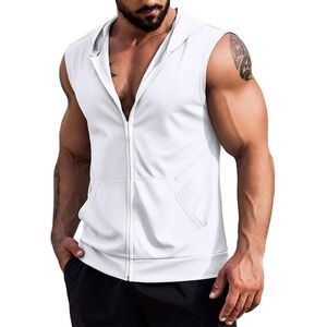 White Sleeveless Hoodie with Zipper!